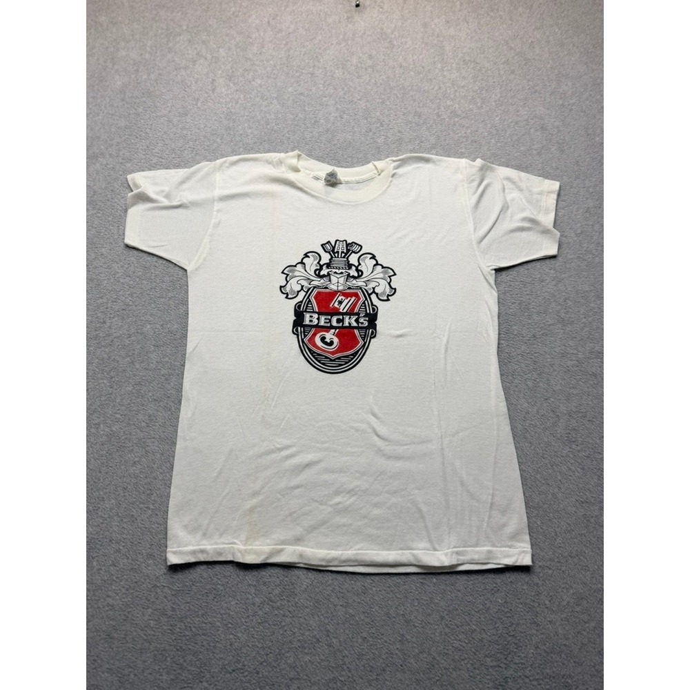 Vintage Becks Beer T Shirt Mens Large White Crest Logo G-Tees Made in USA 80s